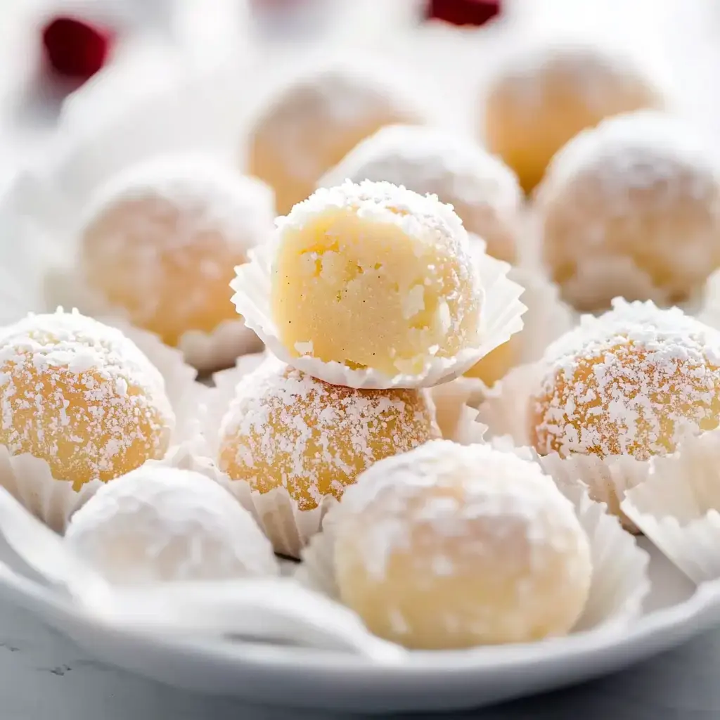 A plate is filled with soft, round sweets dusted with powdered sugar, with one sweet partially bitten to reveal its creamy interior.