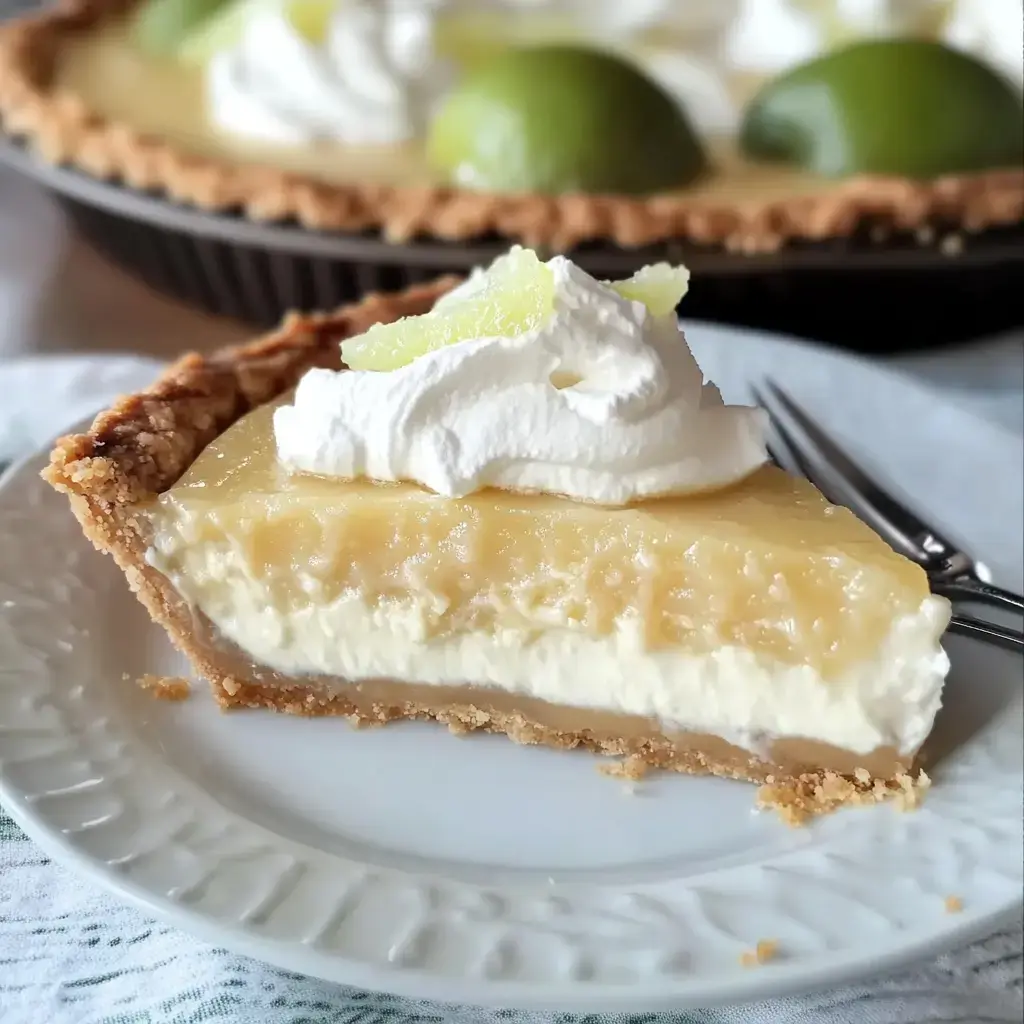 A slice of lime pie topped with whipped cream and a lime garnish on a decorative plate, with the full pie visible in the background.