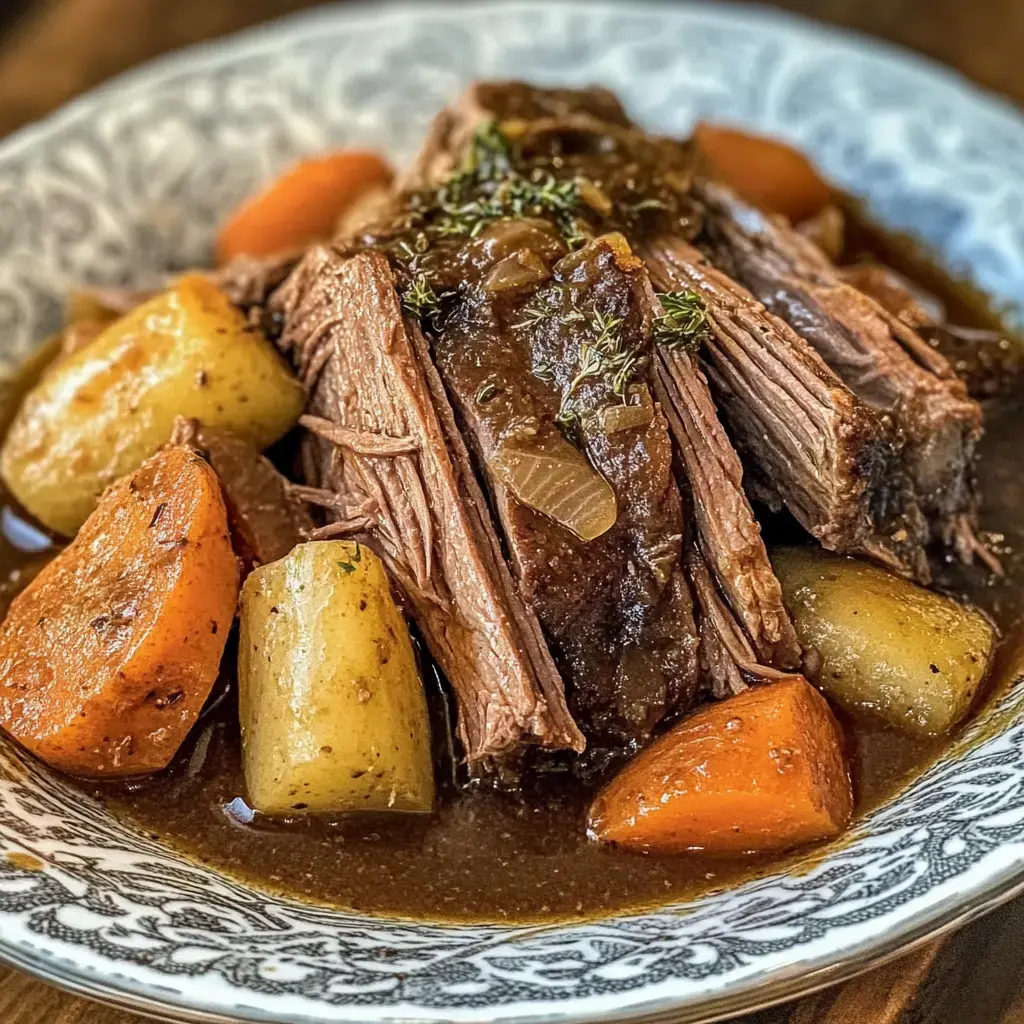 A plate of tender, sliced beef roast is surrounded by chunks of carrots and potatoes, all coated in a rich, brown gravy.