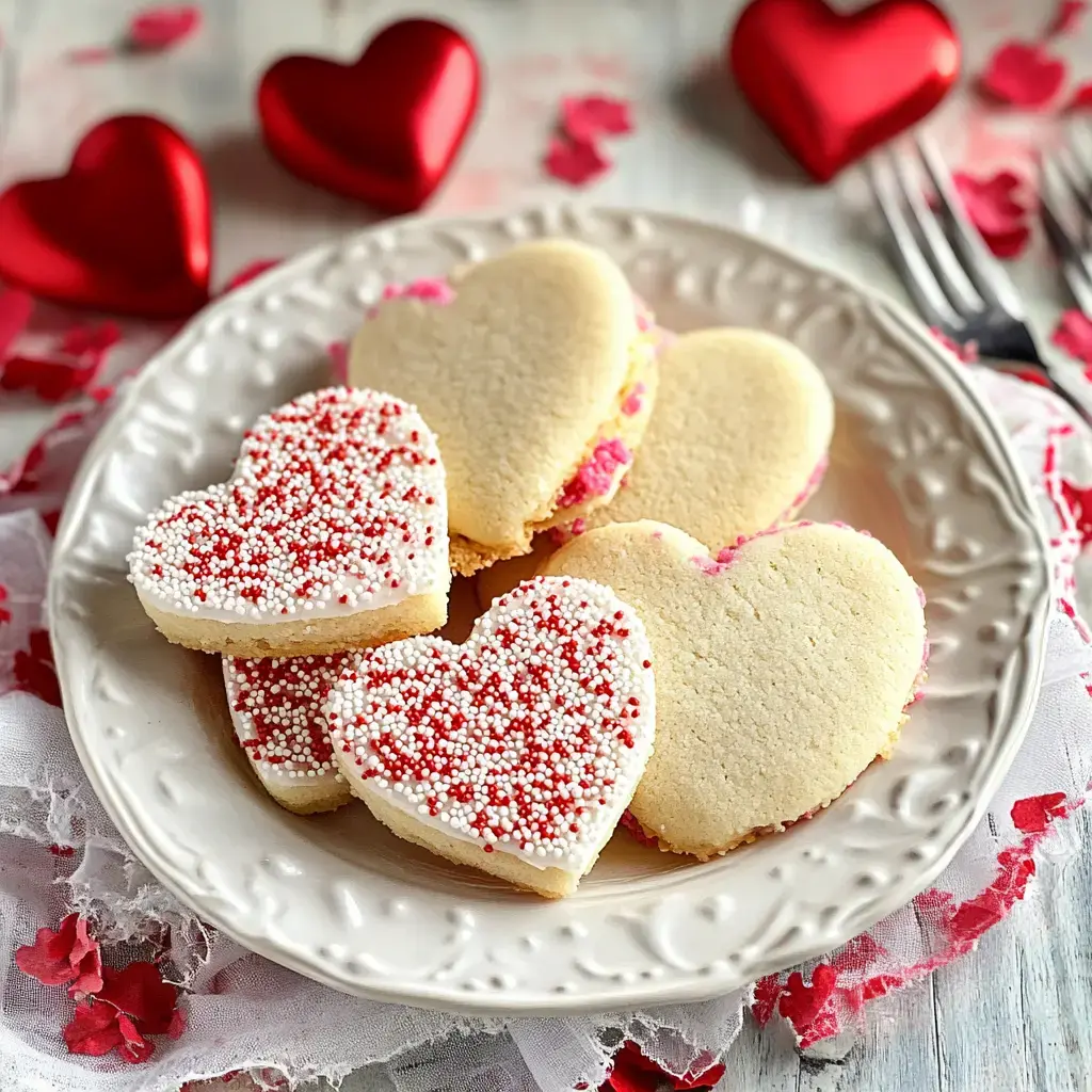 A plate of heart-shaped cookies decorated with red and white sprinkles, accompanied by small red heart decorations.