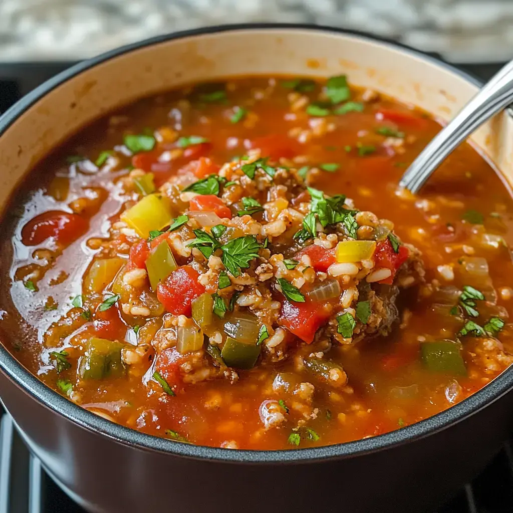 A close-up of a pot of hearty soup filled with ground meat, vegetables, and herbs.