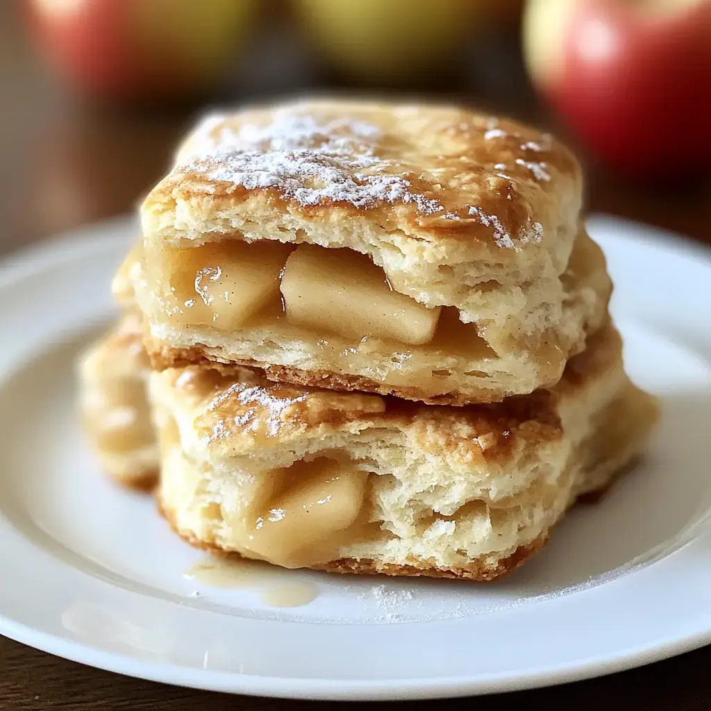 A stack of flaky pastry pieces filled with apple filling and dusted with powdered sugar on a white plate.