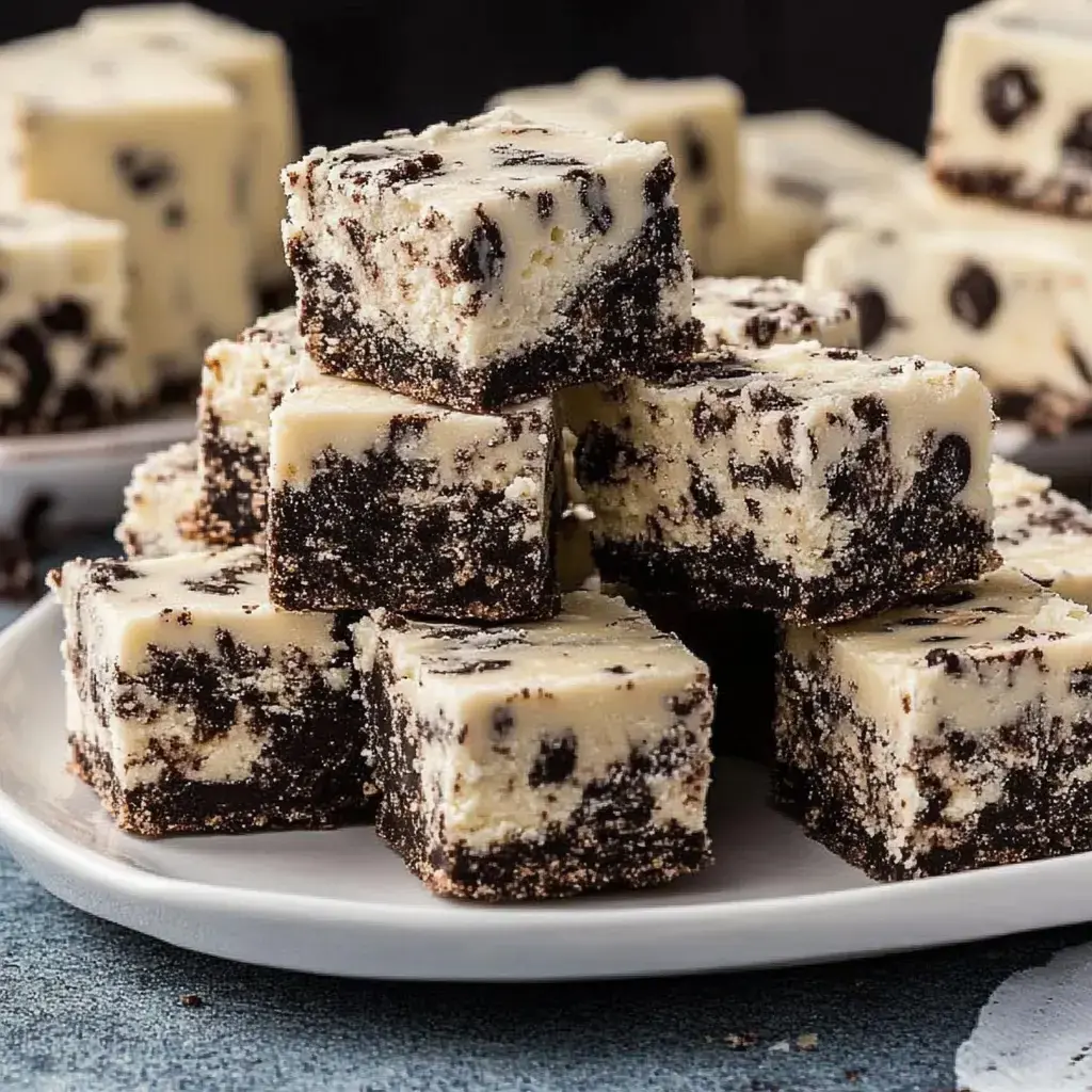 A plate of layered fudge squares with a creamy top and a dark chocolate bottom, featuring chunks of cookies throughout.