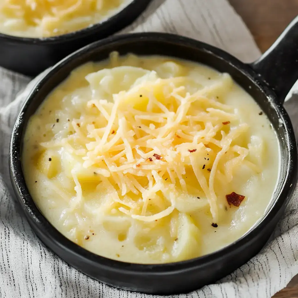 A close-up of a bowl of creamy potato soup topped with shredded cheese and sprinkled with black pepper.