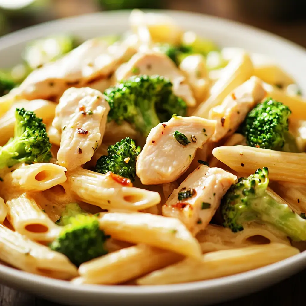 A close-up of a plate of creamy pasta with chicken pieces and broccoli.