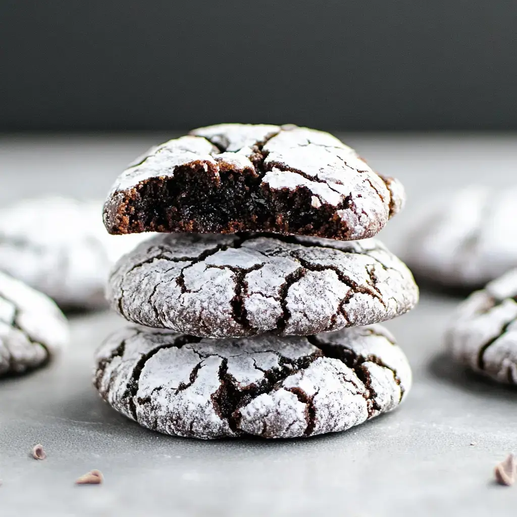 A stack of three chocolate crinkle cookies, with the top cookie partially bitten, sitting on a gray surface.