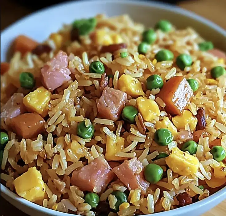 A close-up of a bowl of fried rice mixed with diced ham, green peas, and corn.