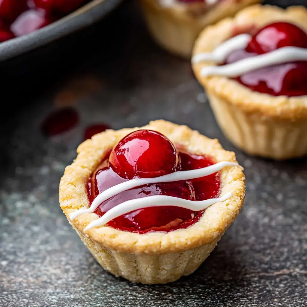 A close-up of a mini cherry pie topped with glossy cherries and drizzled with white icing.