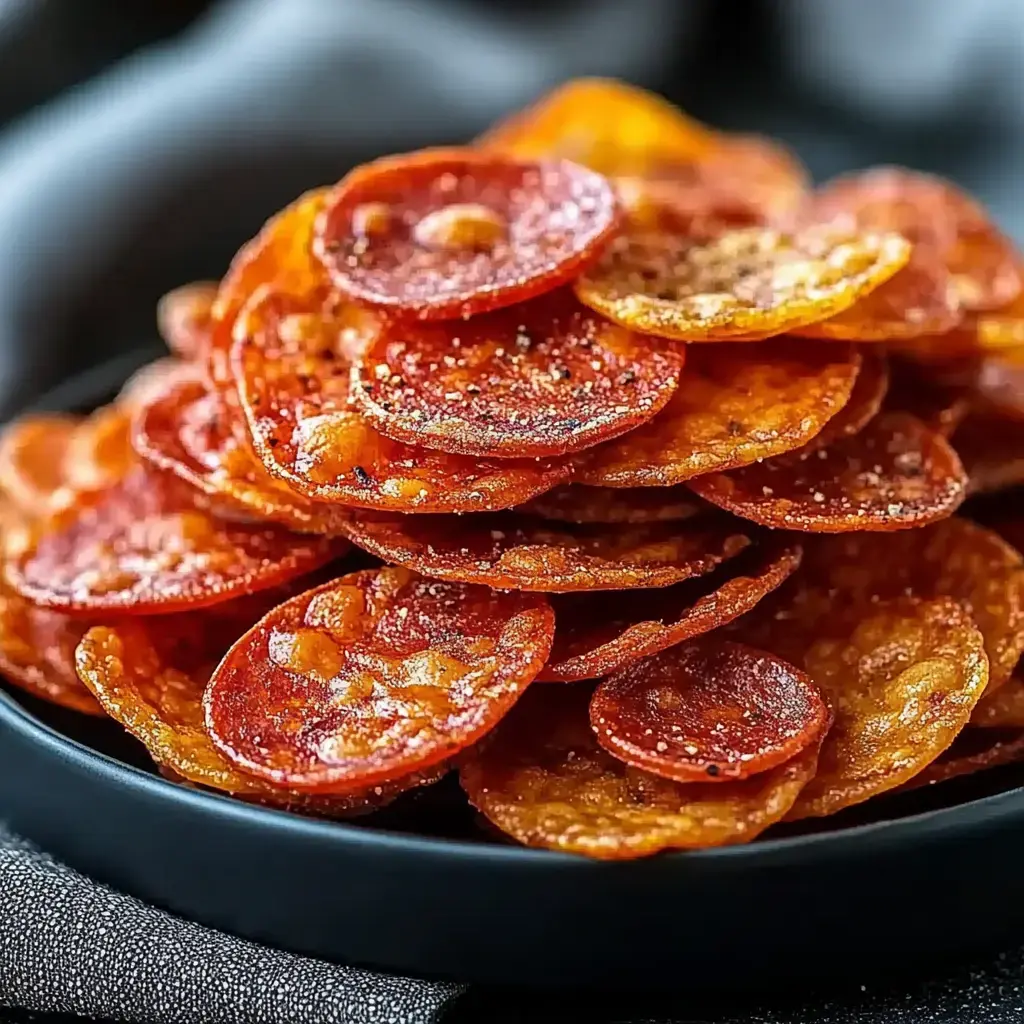 A close-up image of a pile of crispy, golden-brown pepperoni chips arranged in a black bowl.