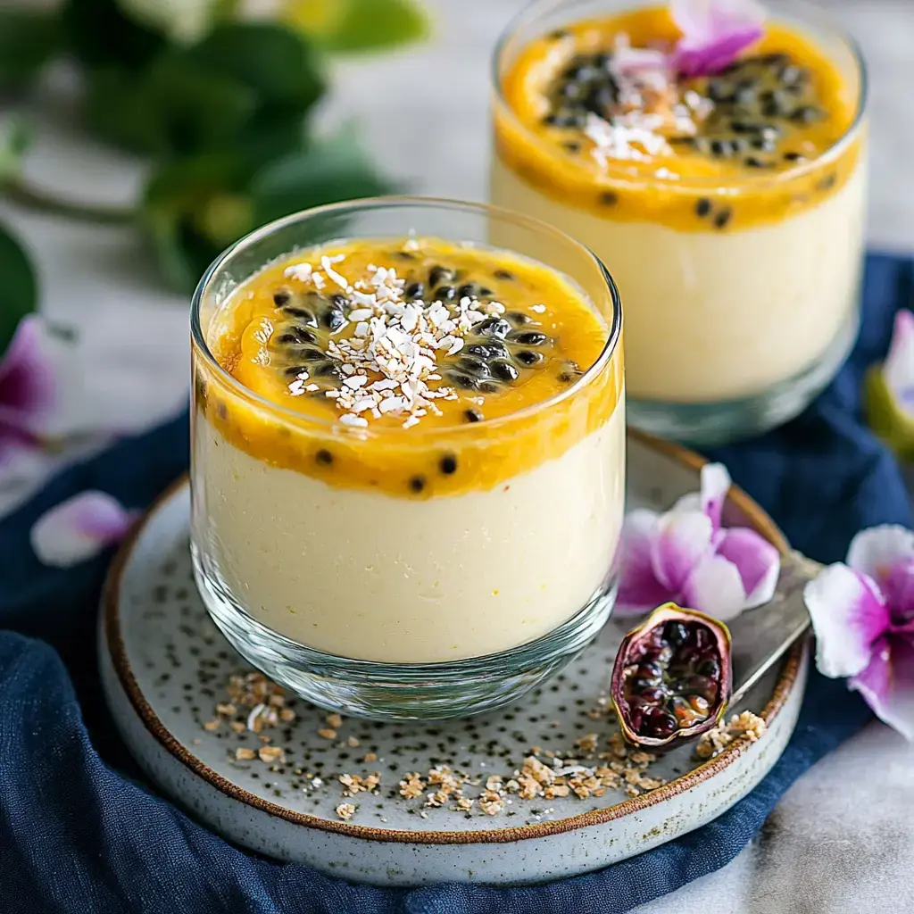 A close-up view of two glasses of creamy dessert topped with passion fruit and coconut, accompanied by a spoon and garnished with flowers.