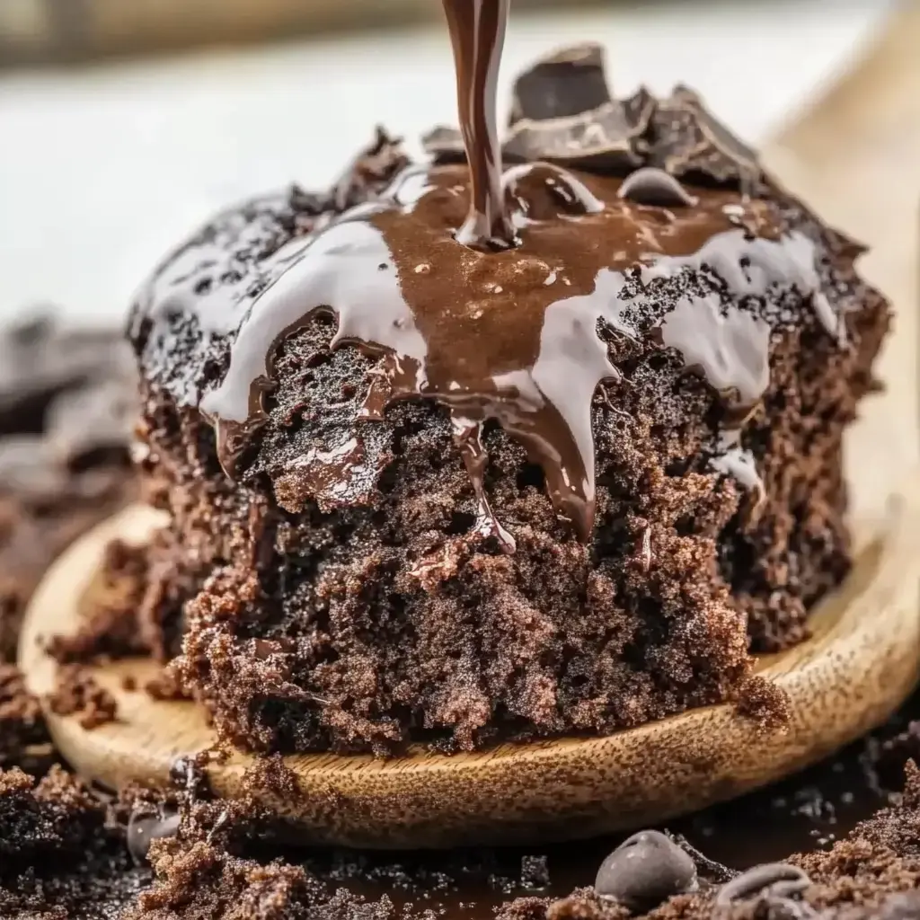 A close-up of moist chocolate cake with rich chocolate sauce drizzling over the top, resting on a wooden plate surrounded by chocolate crumbs.