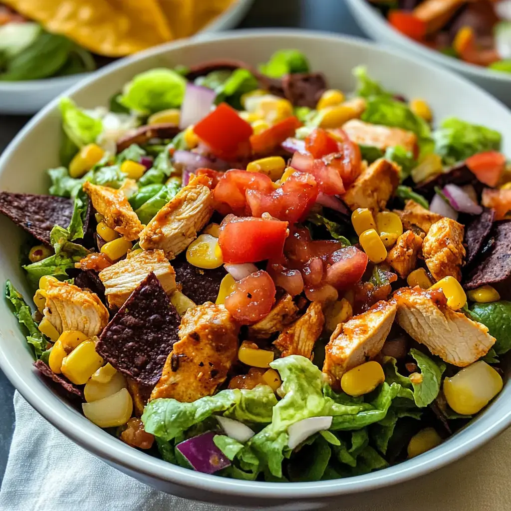 A colorful salad featuring lettuce, grilled chicken, tomatoes, corn, and tortilla chips, served in a white bowl.