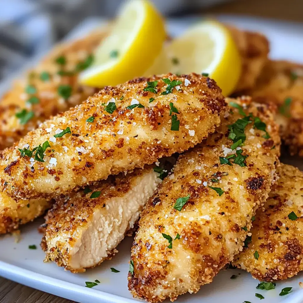 The image shows a plate of golden-brown, breaded chicken tenders garnished with parsley and served with lemon wedges.