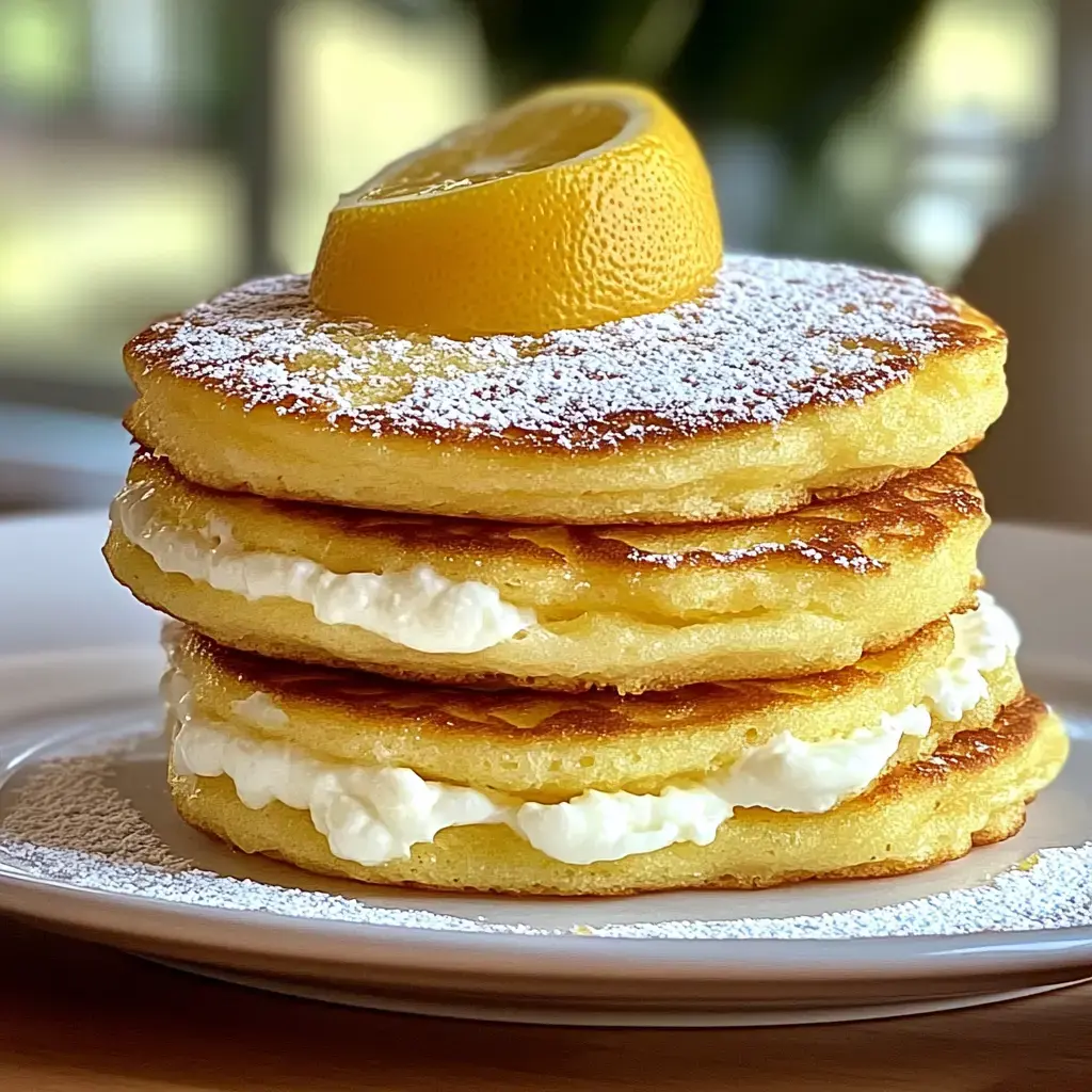 A stack of fluffy pancakes filled with creamy topping, topped with a slice of lemon and dusted with powdered sugar.