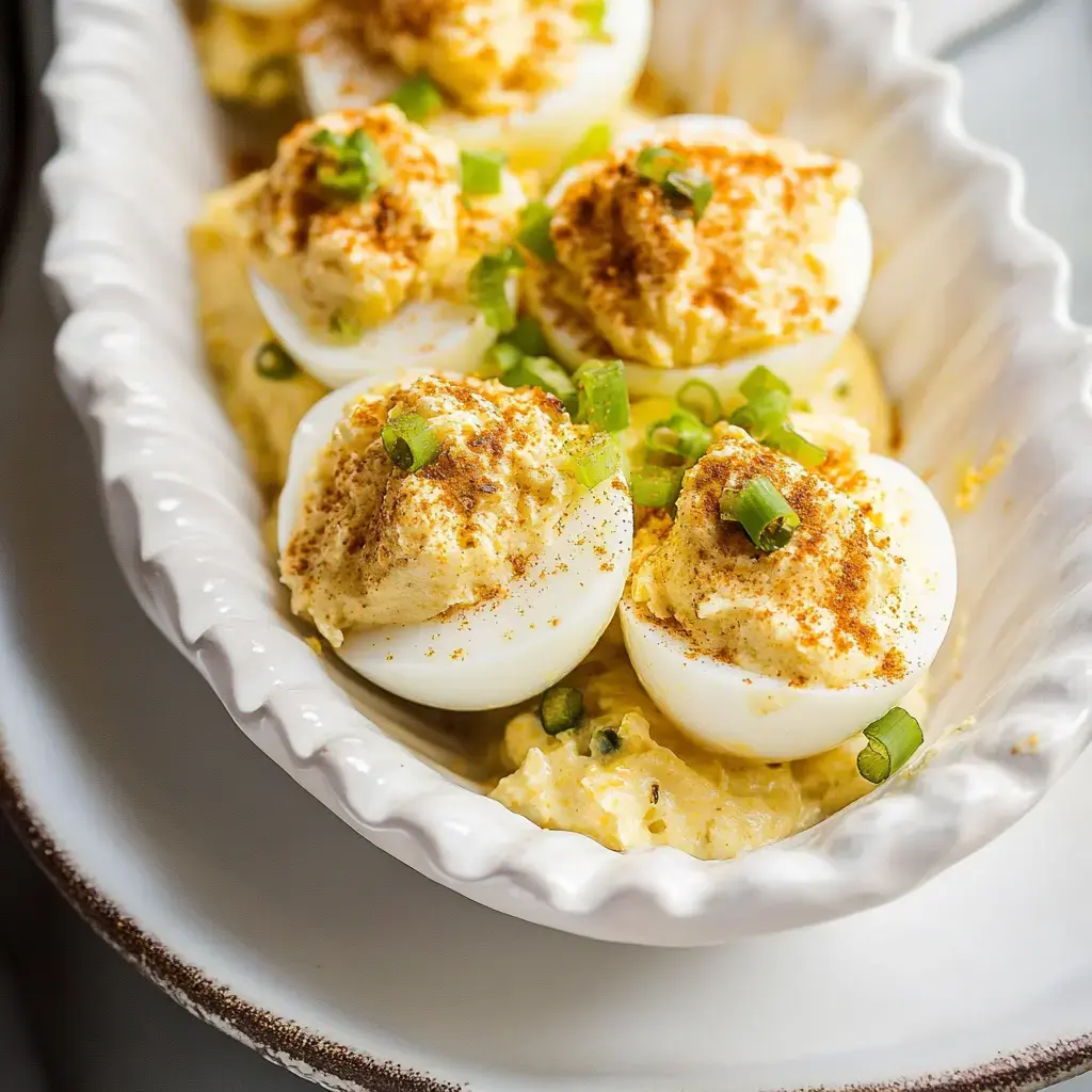 A white serving dish holds several halved deviled eggs topped with a creamy filling, sprinkled with paprika and garnished with chopped green onions.