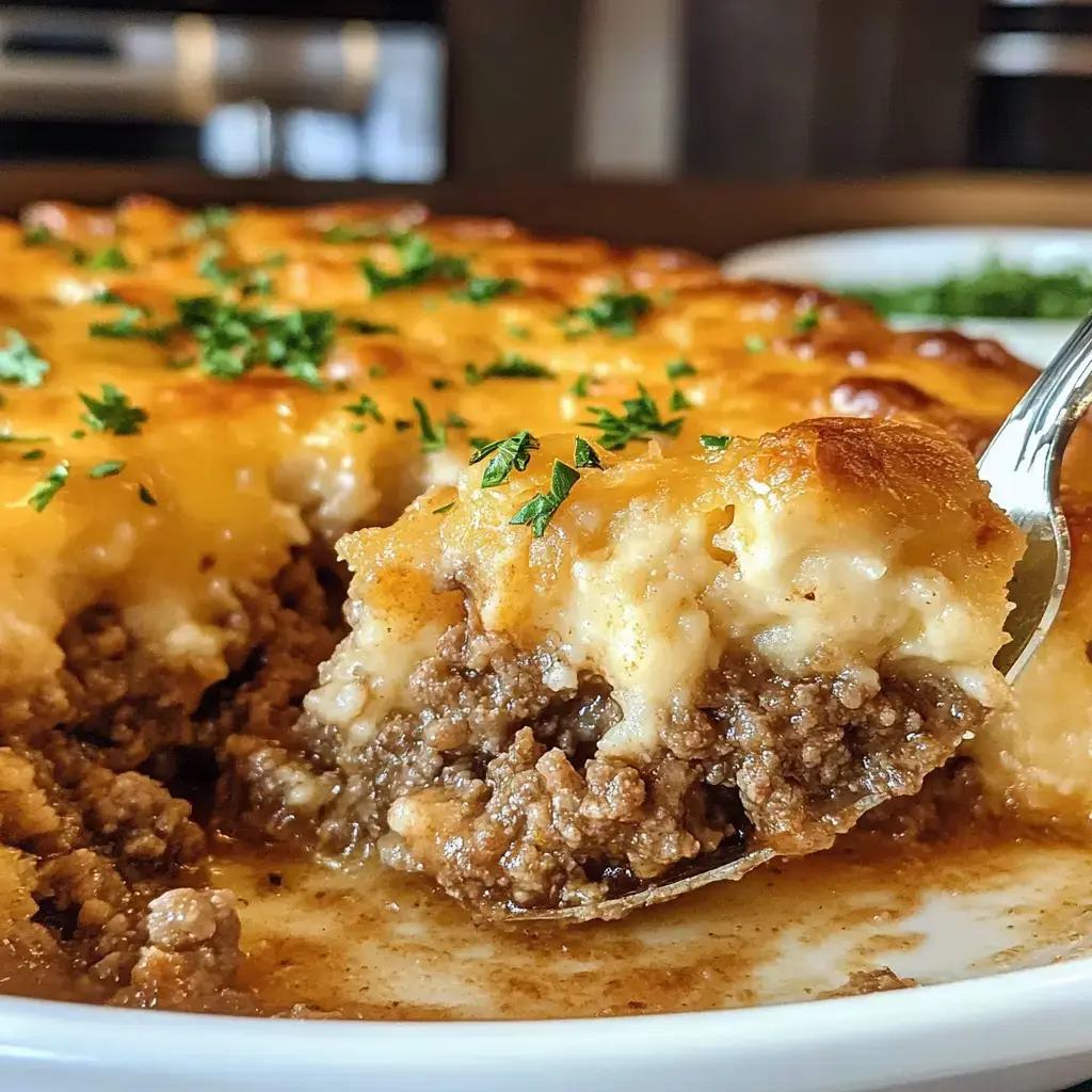 A spoonful of cheesy beef casserole topped with parsley, showcasing the warm, layered filling.