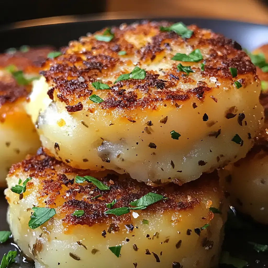 Golden-brown, herb-seasoned potato patties are stacked and garnished with fresh parsley.