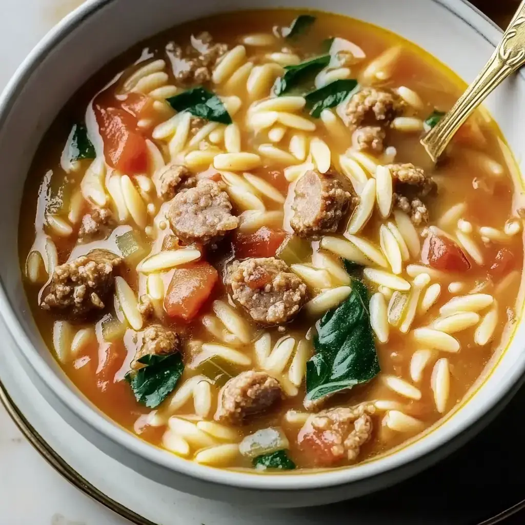 A close-up of a bowl of flavorful soup featuring orzo, meatballs, tomatoes, and spinach.