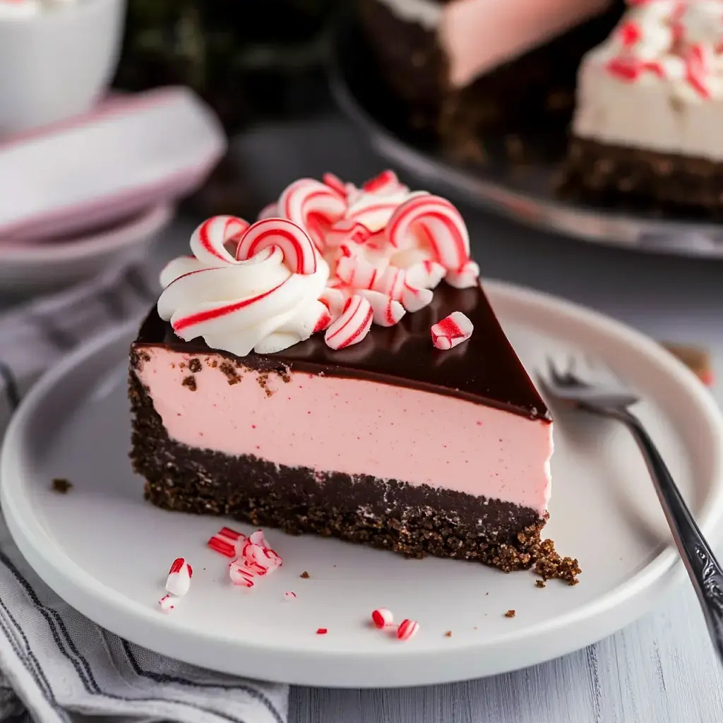 A slice of layered chocolate and peppermint cheesecake topped with whipped cream and candy cane pieces on a white plate.