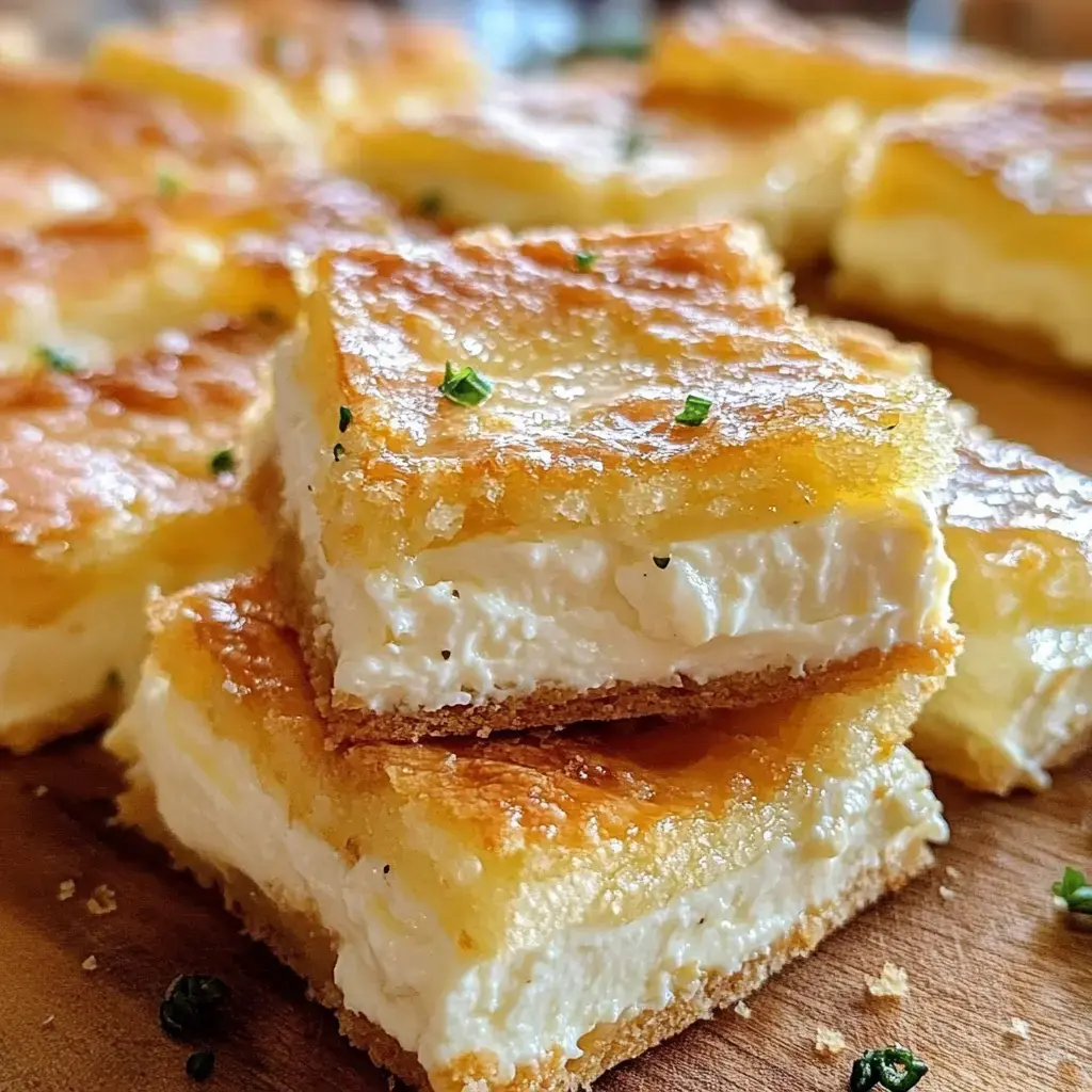 A close-up of golden-brown cheesecake squares with a creamy filling, garnished with small green herbs, on a wooden cutting board.