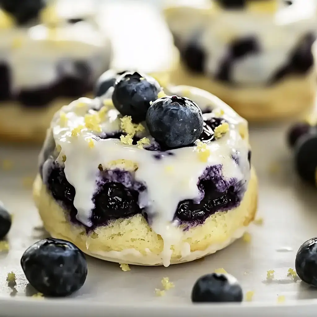 A close-up of a blueberry dessert topped with cream, garnished with fresh blueberries and lemon zest.