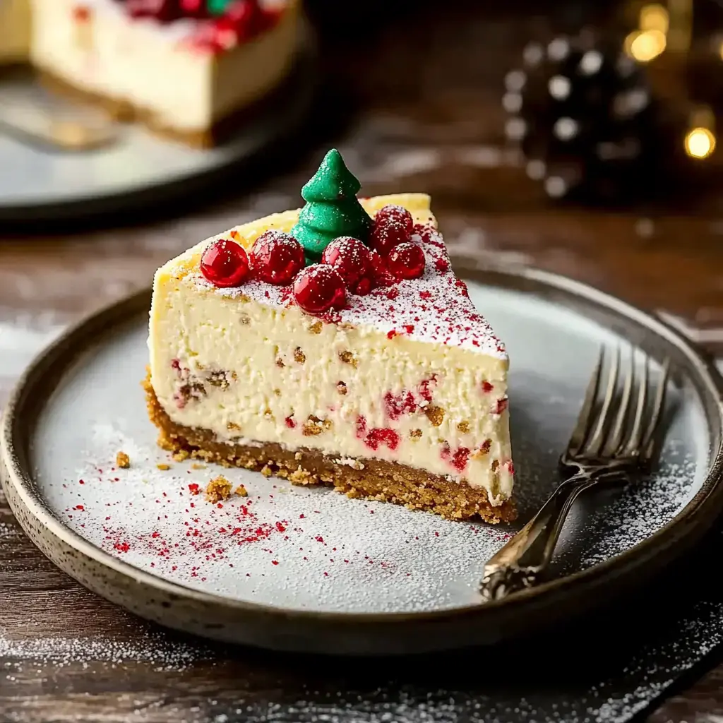 A slice of festive cheesecake is decorated with red cranberries, a small green Christmas tree, and sprinkled with powdered sugar on a dark plate.