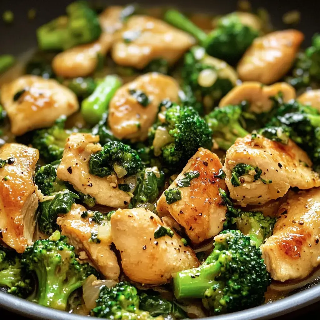 A close-up of sautéed chicken pieces mixed with vibrant green broccoli in a savory sauce.