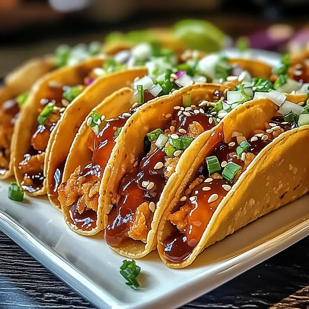 A plate of tacos filled with chicken, drizzled with sauce, and garnished with sesame seeds and chopped green onions.