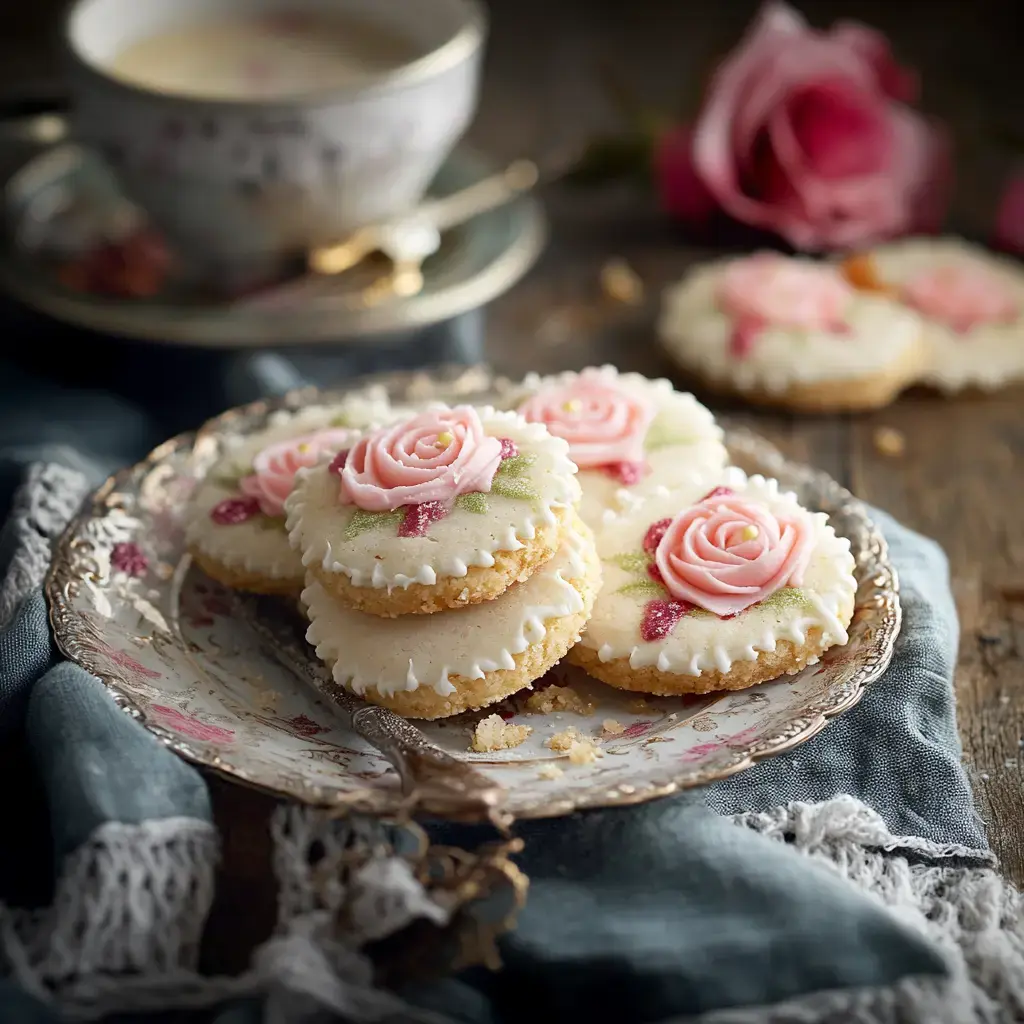 A decorative plate of cookies adorned with pink rose icing sits beside a cup of tea and fresh roses on a rustic surface.