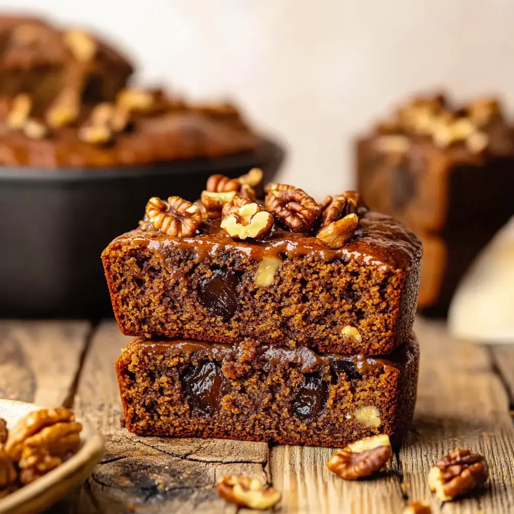 A close-up of two thick slices of moist cake topped with pecans, showcasing a rich texture with visible chocolate chunks.