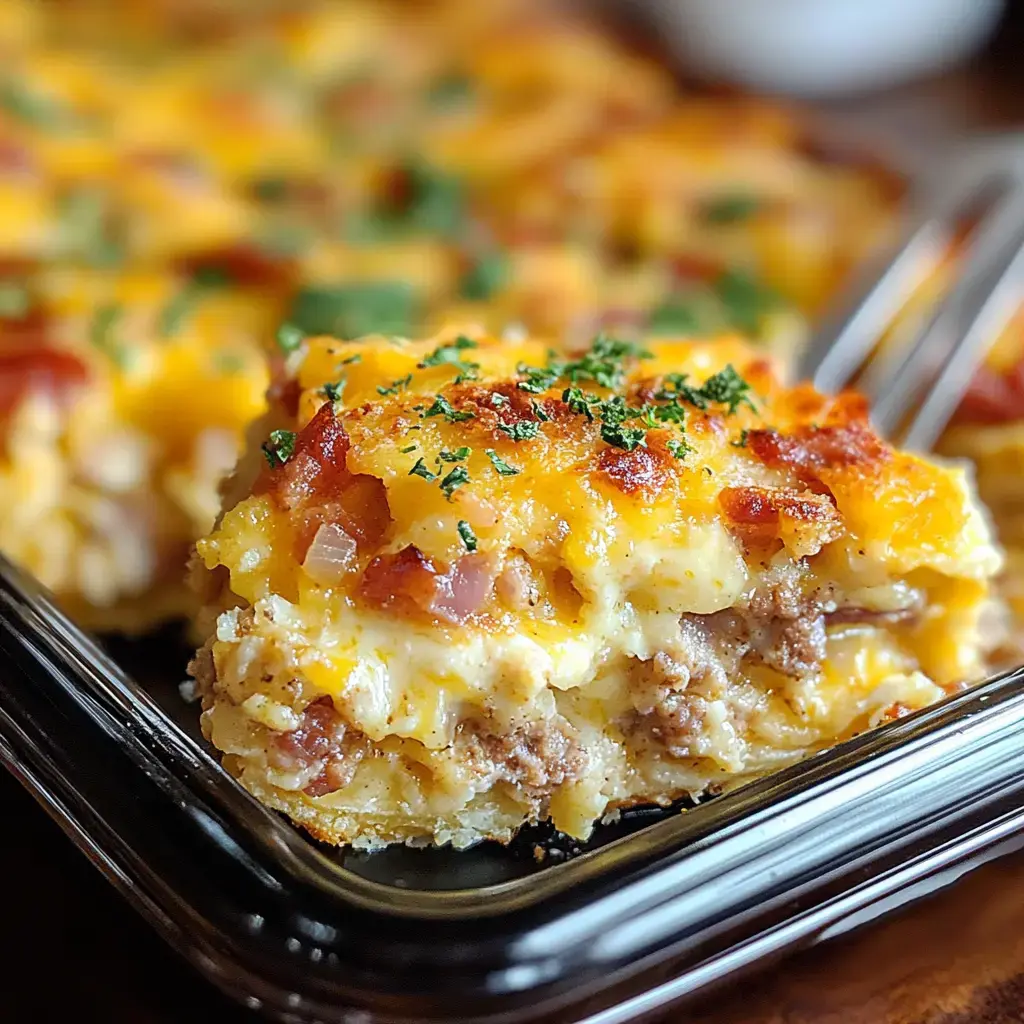 A close-up view of a cheesy, baked breakfast casserole with layers of meat, eggs, and garnished with parsley.