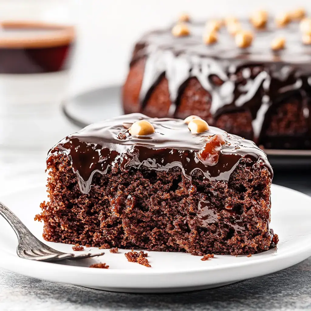 A close-up of a slice of chocolate cake topped with glossy chocolate ganache and a few nuts, served on a white plate with a fork beside it.