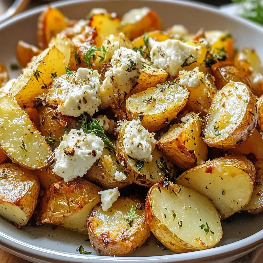 A plate of golden roasted potatoes topped with crumbled cheese and fresh herbs.