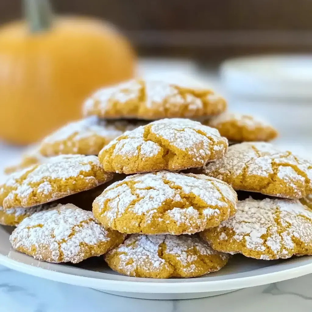 A plate of freshly baked pumpkin cookies dusted with powdered sugar, with a pumpkin in the background.