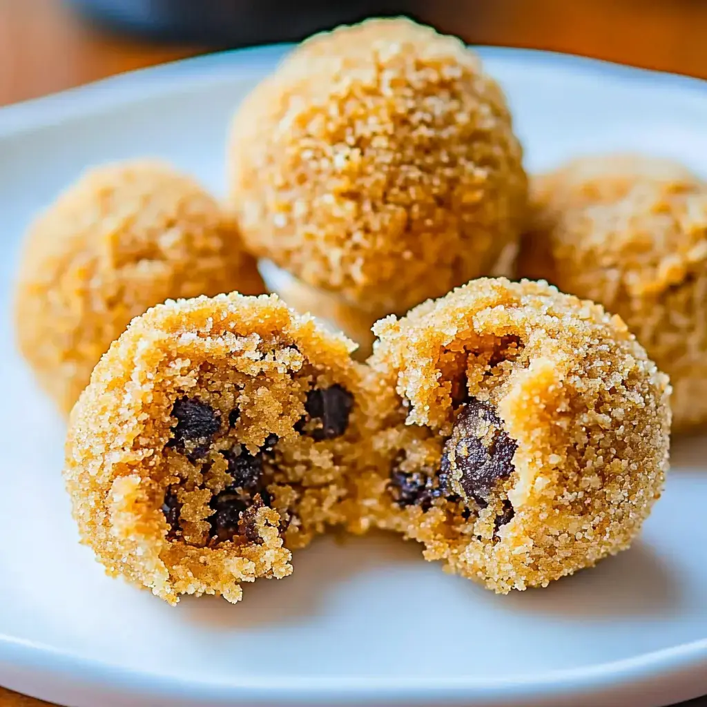 A close-up of two bite-sized, crumbly desserts filled with chocolate chips on a white plate.