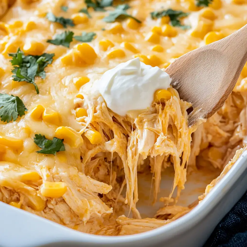 A creamy and cheesy chicken casserole topped with corn and garnished with cilantro, with a wooden spoon serving a portion.