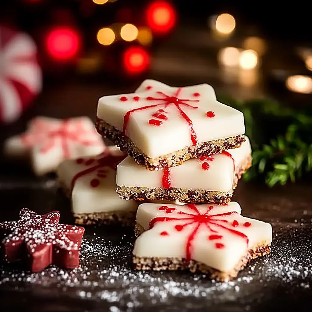 A stacked arrangement of star-shaped festive cookies, decorated with white icing and red drizzle, surrounded by holiday decorations and a dusting of powdered sugar.