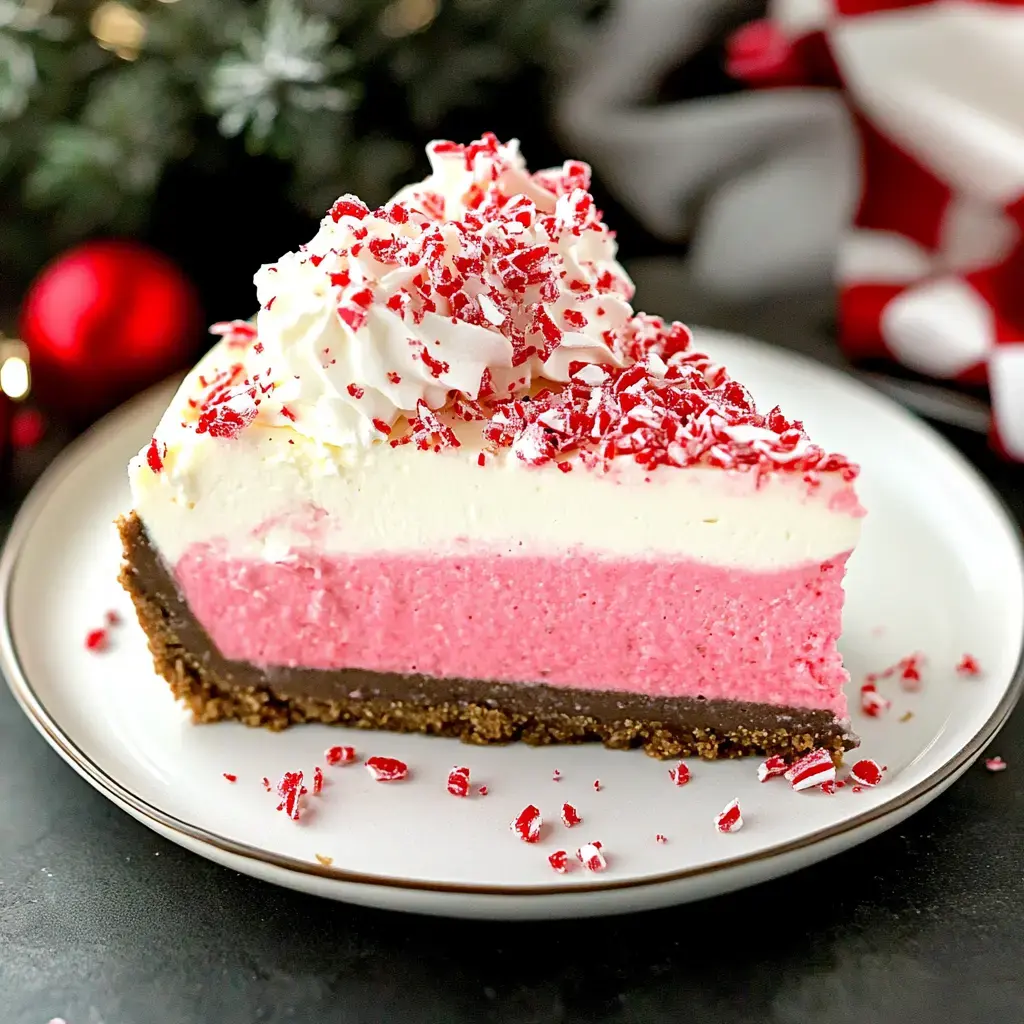 A slice of layered dessert featuring a chocolate crust, pink filling, and white topping, garnished with crushed peppermint candies on a white plate.