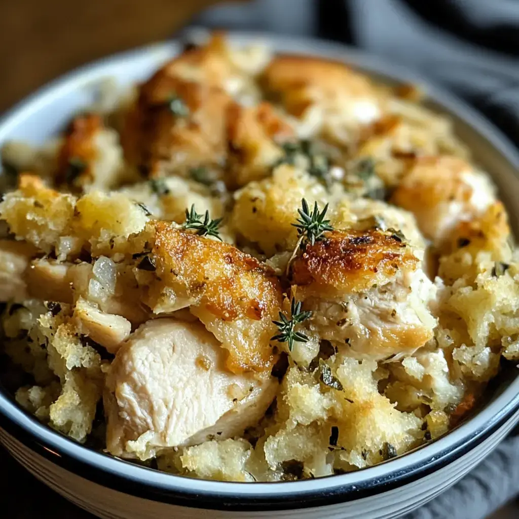 A bowl of chicken and stuffing, garnished with fresh thyme, showcasing golden-brown, crispy pieces.