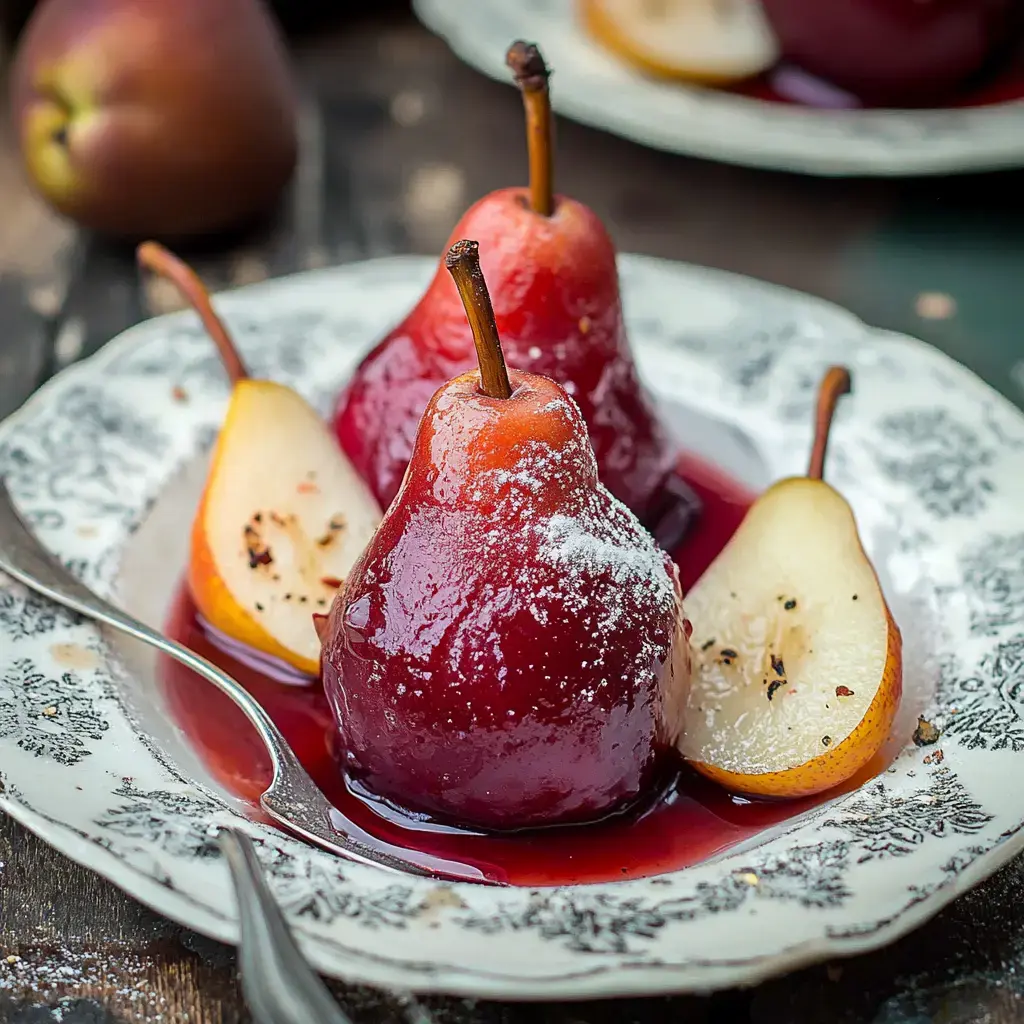 Three poached red pears are elegantly arranged on a patterned plate, accompanied by slices of a yellow pear in a rich red sauce, dusted with powdered sugar.