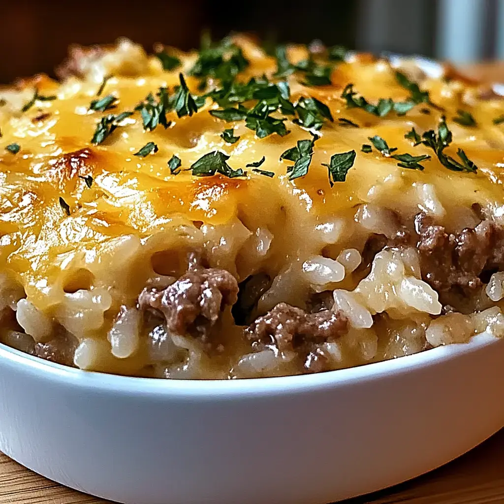 A close-up of a baked dish featuring ground beef, rice, and melted cheese, garnished with chopped parsley.