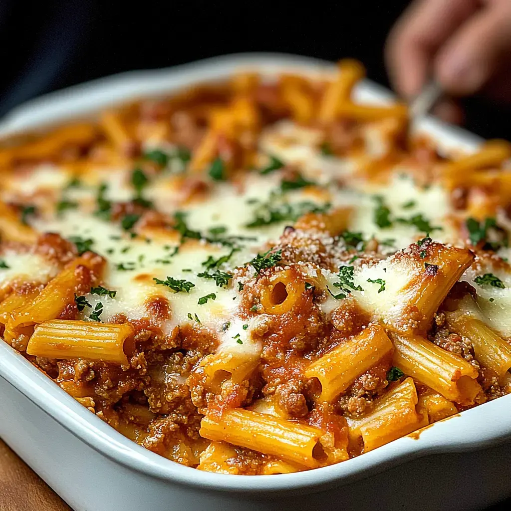 A close-up photo of a baked pasta dish topped with melted cheese, ground meat, and parsley.