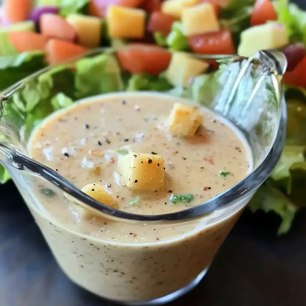 A creamy salad dressing with cubed ingredients is displayed in a glass bowl, surrounded by a vibrant mixed salad.