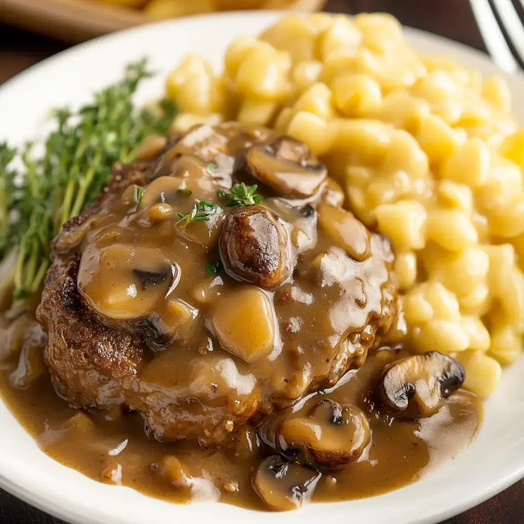 A plate of savory beef patty topped with mushroom gravy, served alongside creamy macaroni and cheese and garnished with fresh thyme.