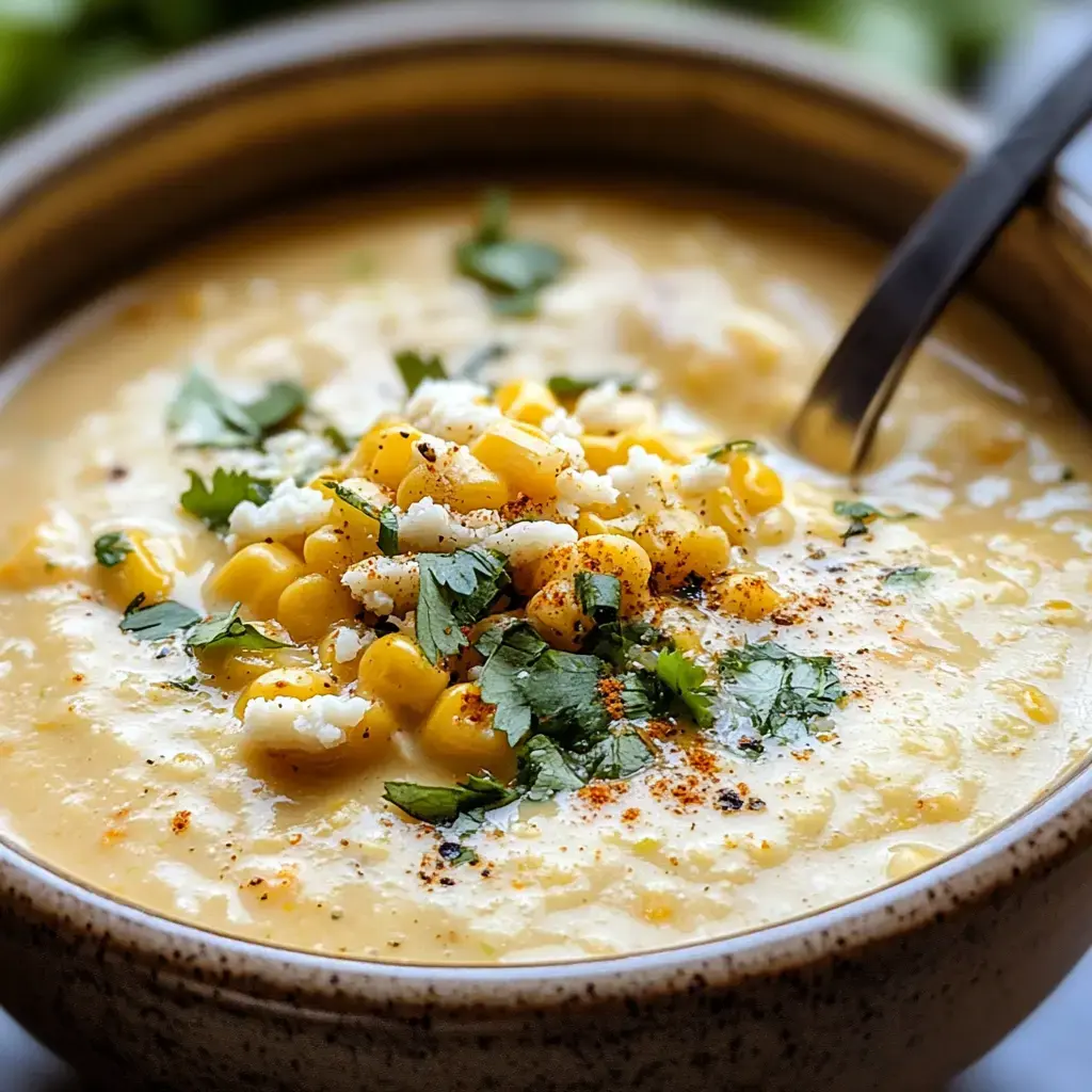 A close-up bowl of creamy corn soup topped with fresh cilantro, corn kernels, and a sprinkle of spices.