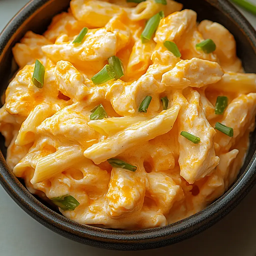 A close-up view of a bowl of creamy macaroni and cheese garnished with chopped green onions.