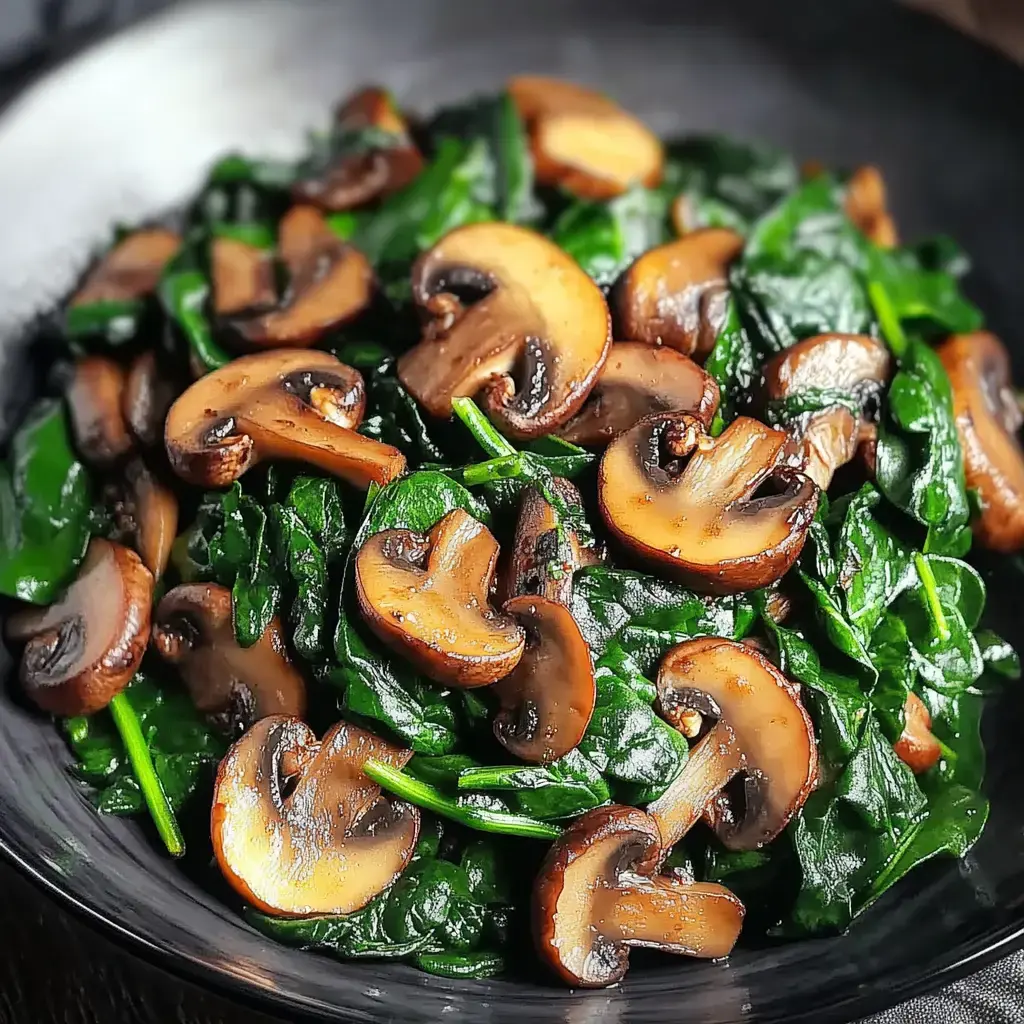 A close-up of sautéed spinach and sliced mushrooms layered together in a black bowl.