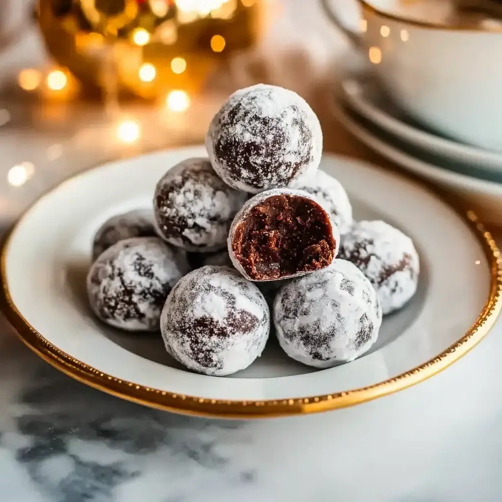 A plate of chocolate truffles dusted with powdered sugar, with one truffle cut in half to reveal a rich, fudgy interior.