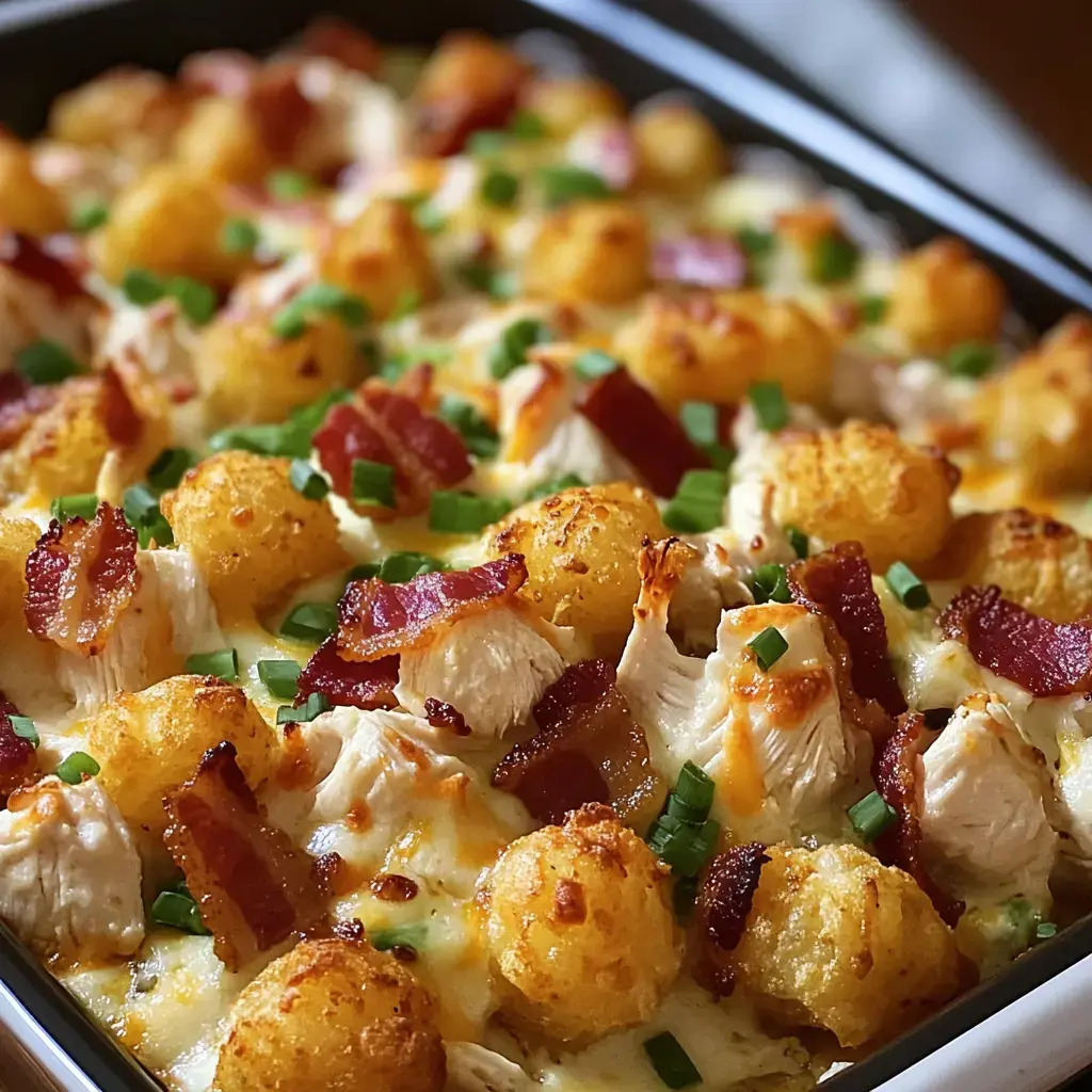 A close-up of a baked dish featuring tater tots, shredded chicken, crispy bacon, and green onions, all melted together with cheese.