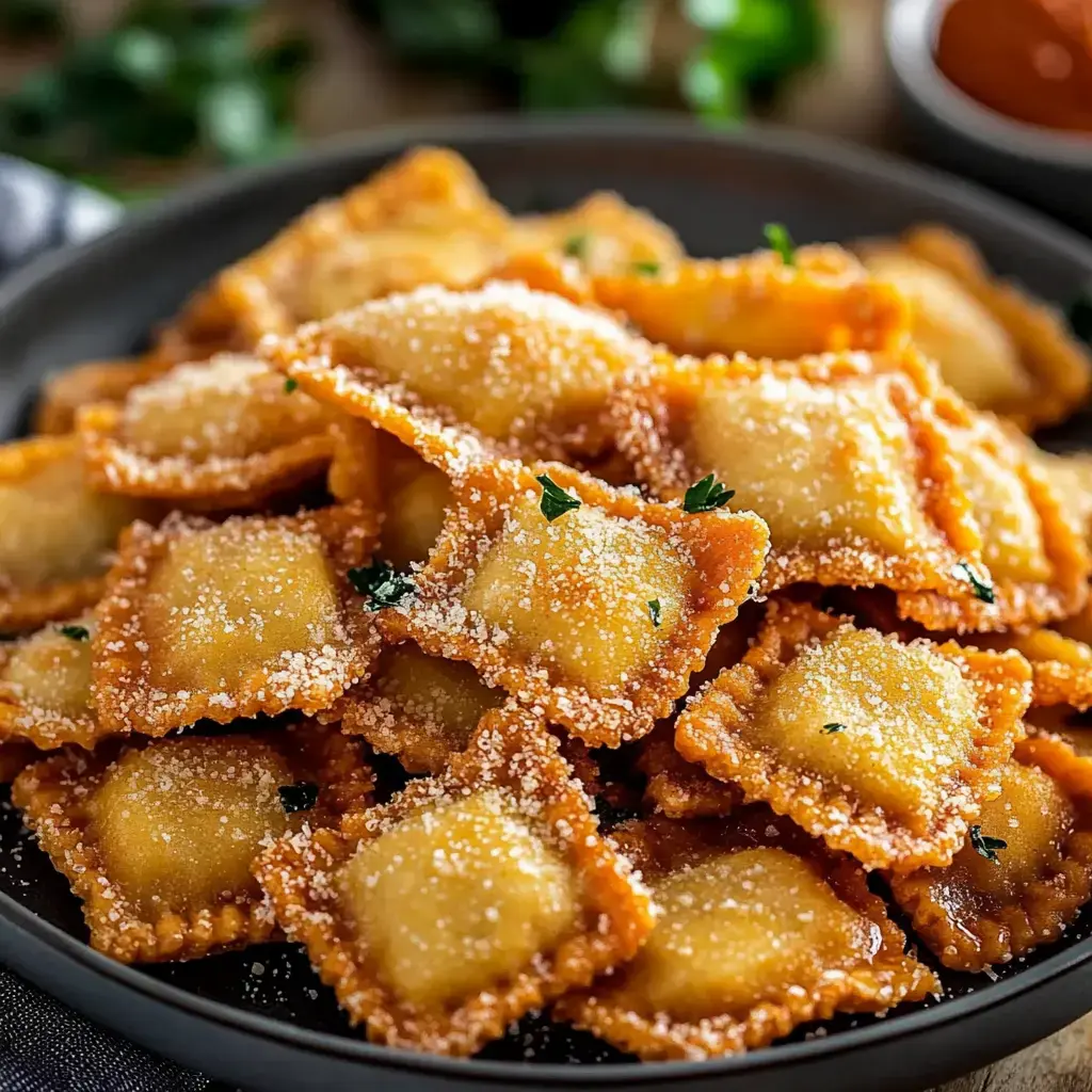 A close-up of a plate filled with golden-brown, fried ravioli garnished with breadcrumbs and parsley.